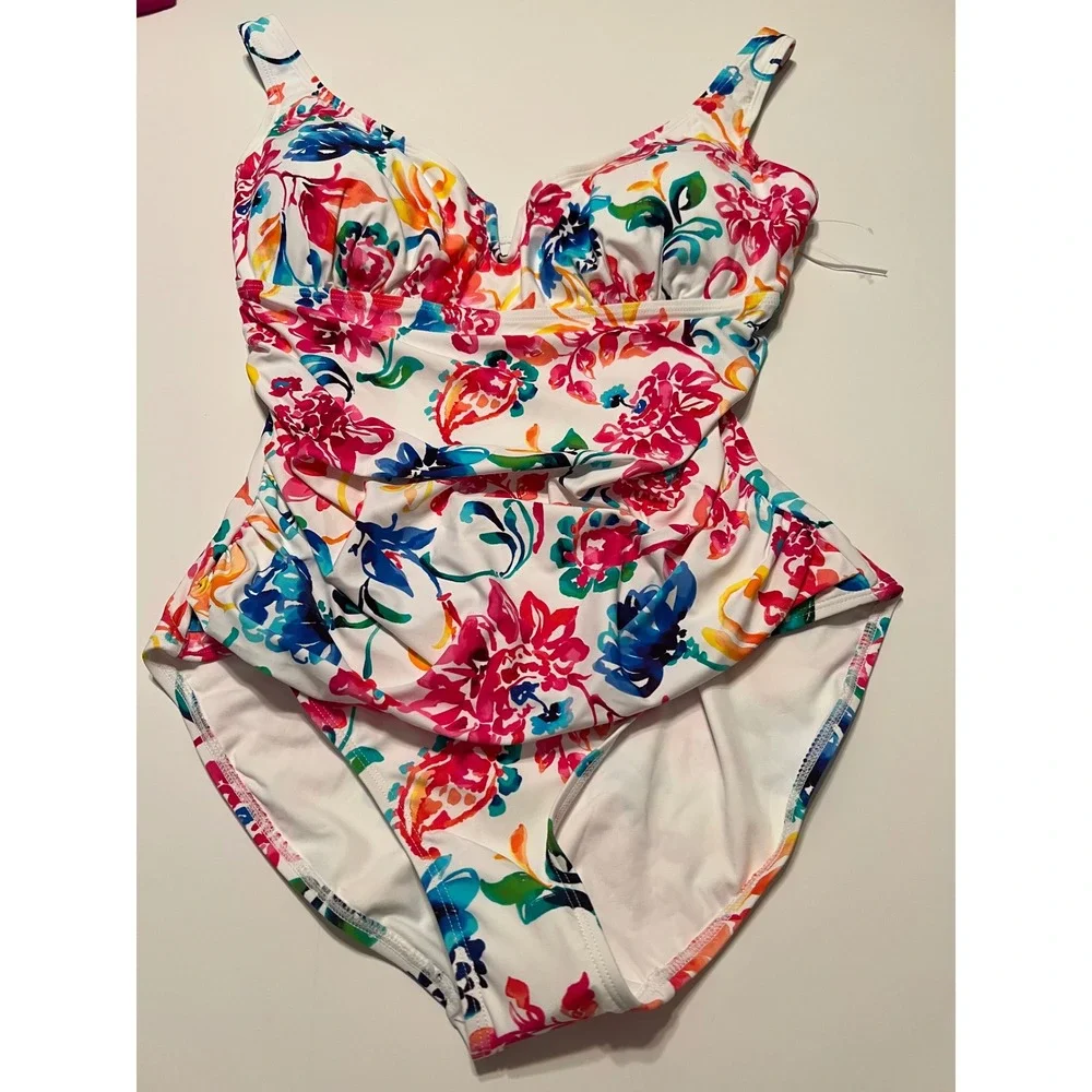 Anne Cole Womens Floral Paisley Ruched One Piece Swimsuit White‎ Multi Color 12